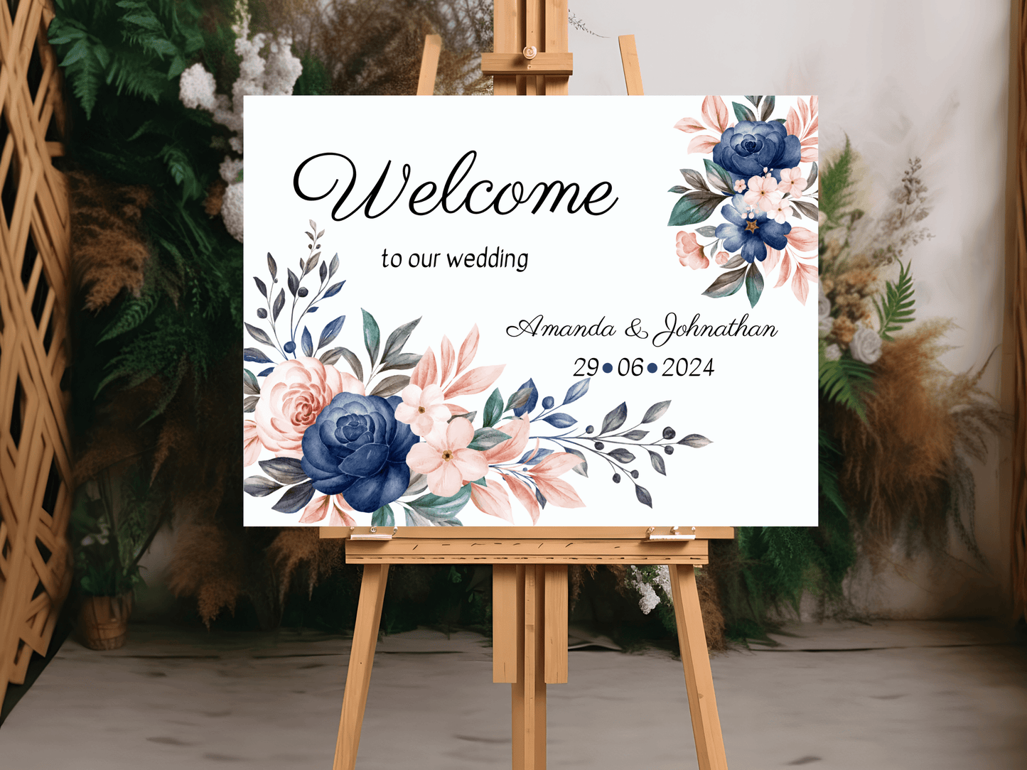 Pink & Blue Floral Wedding Welcome Sign Templates, Printable Templates