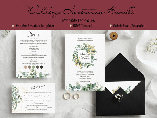 Eucalyptus & Gold Wedding Invitation & Insert Card Templates Bundle, Printable Templates