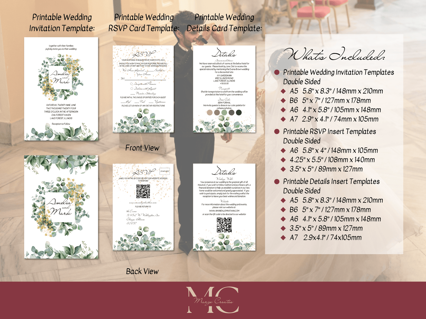 Eucalyptus & Gold Wedding Invitation & Insert Card Templates Bundle, Printable Templates