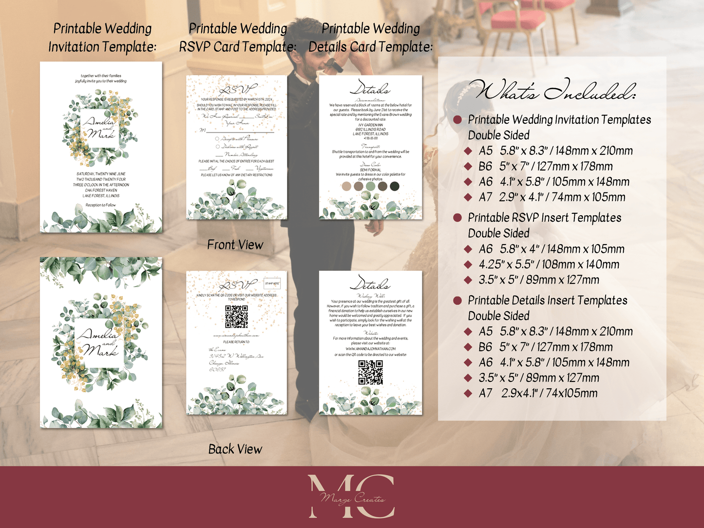 Eucalyptus & Gold Wedding Invitation Suite with Envelope Decoration Templates, (WA), Printable Templates