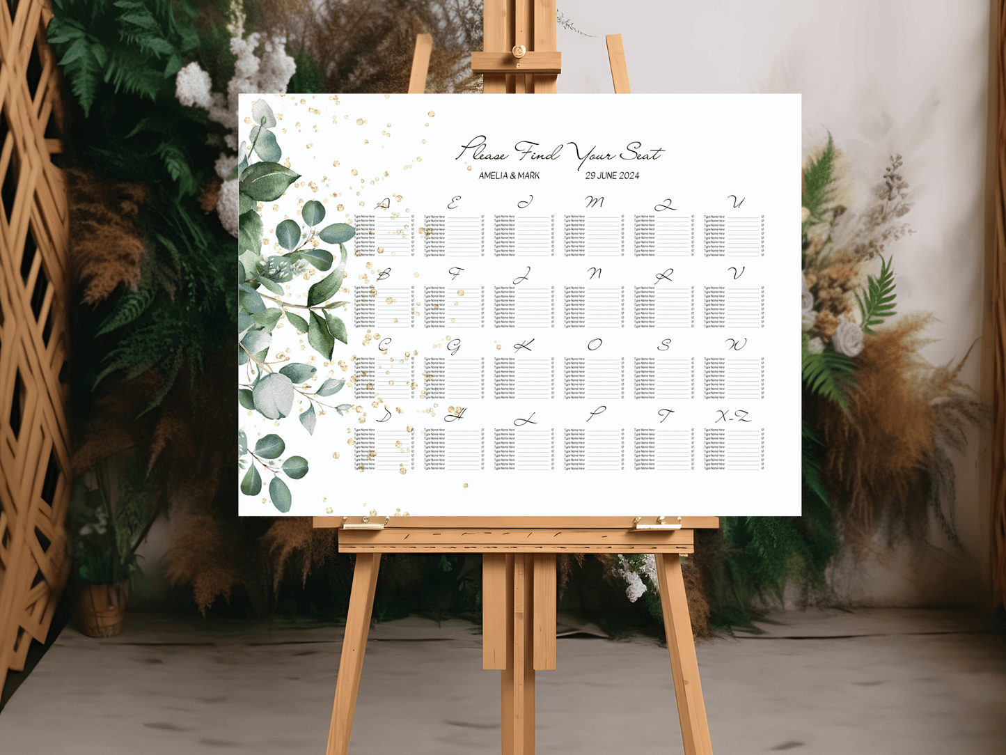 Eucalyptus & Gold Wedding Alphabetical Seating Chart Templates, Printable Templates