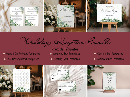 Eucalyptus & Gold 7Pc Wedding Reception Bundle with Alphabetical Seating Chart, Printable Templates