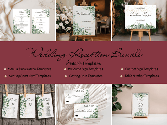 Eucalyptus & Gold 7Pc Wedding Reception Bundle with Seating Chart Card, Printable Templates