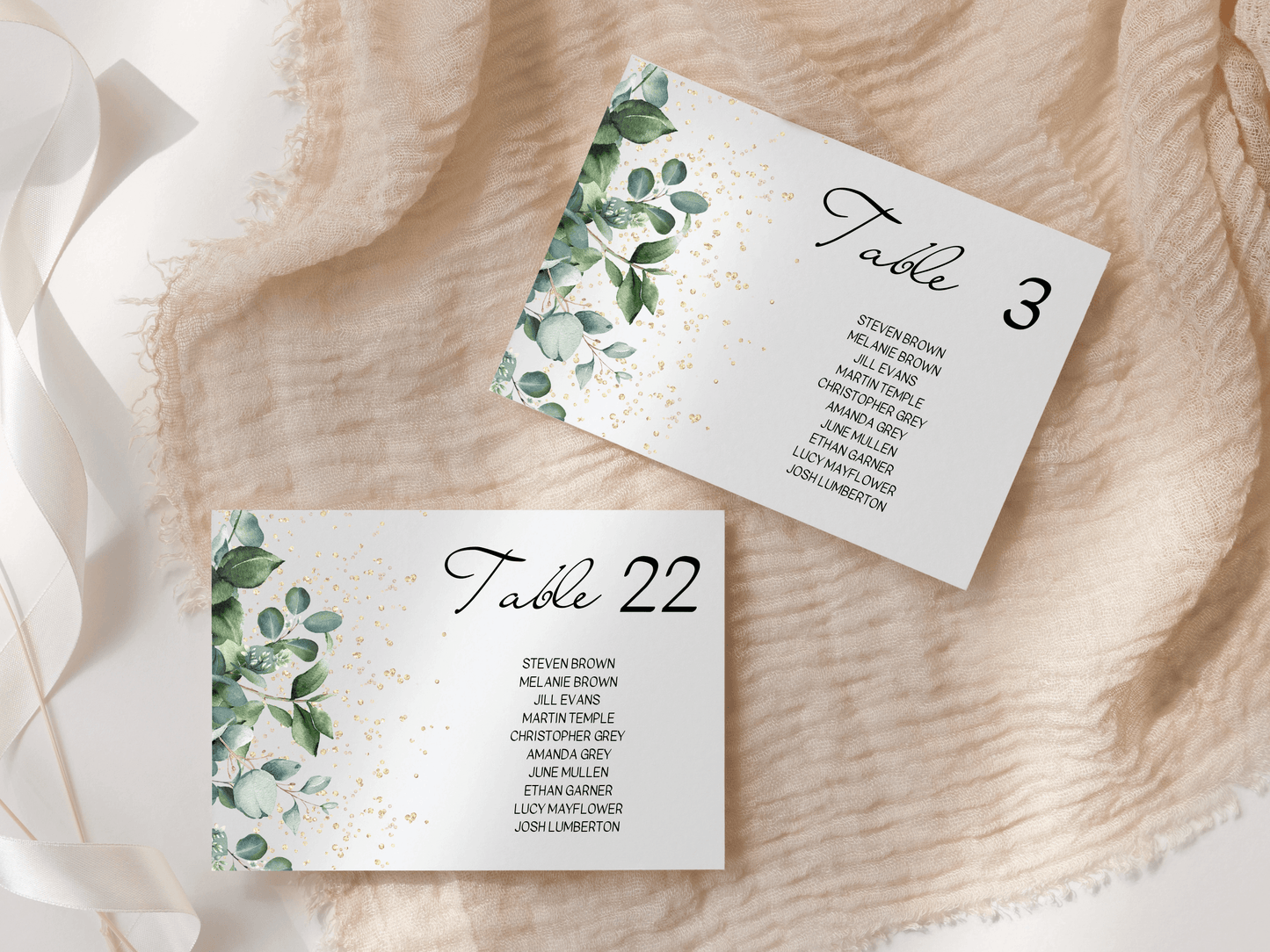 Eucalyptus & Gold Wedding Seating Chart Card Templates, Printable Templates