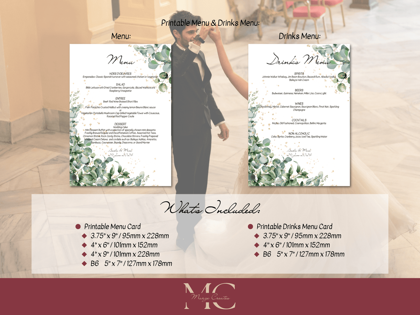 Eucalyptus & Gold Wedding Menu & Drinks Menu Templates, Printable Templates