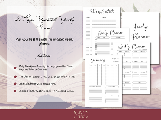 Undated Planner; Monthly, Weekly, Daily Planner