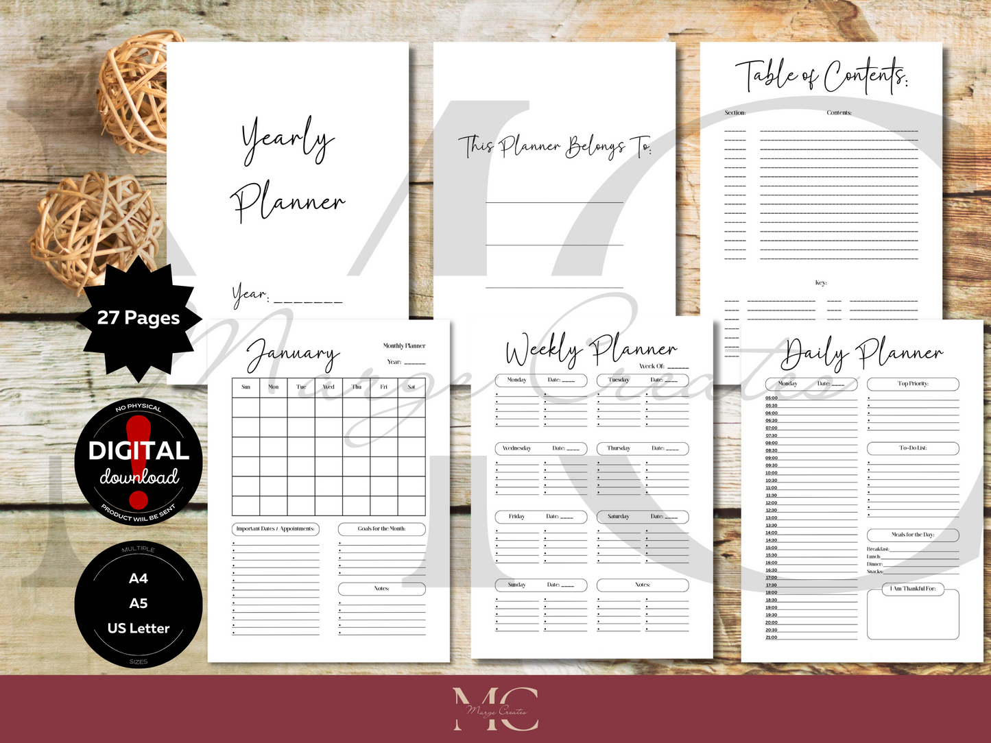 Undated Planner; Monthly, Weekly, Daily Planner