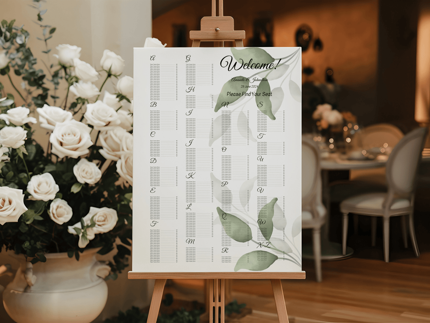 Watercolor Greenery Leaves 7Pc Wedding Reception Bundle with Alphabetical Seating Chart, Printable Templates