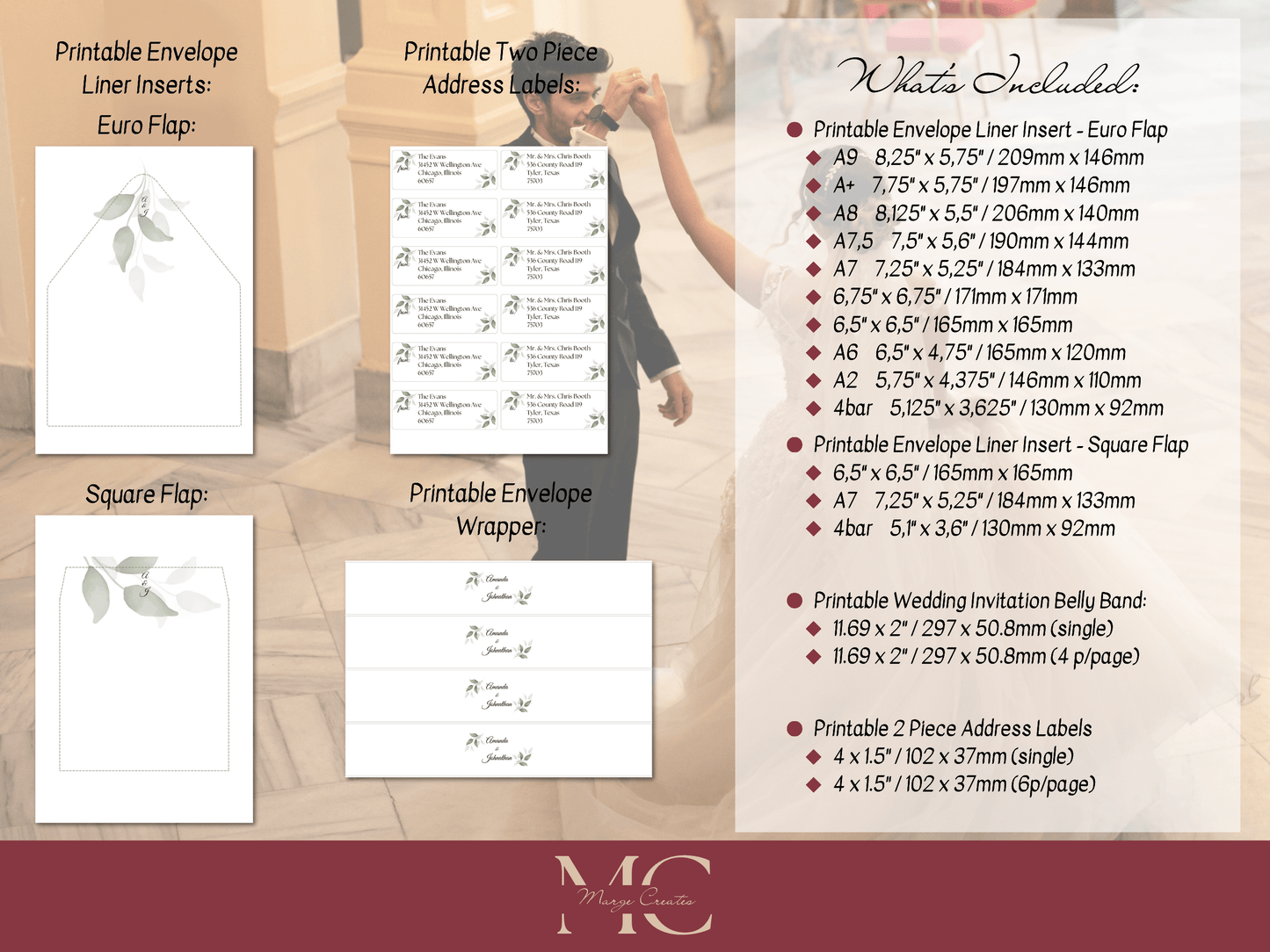 Watercolor Greenery Leaves Wedding Envelope Decoration Template Bundle, Envelope Design 2 (2Pc), Printable Templates