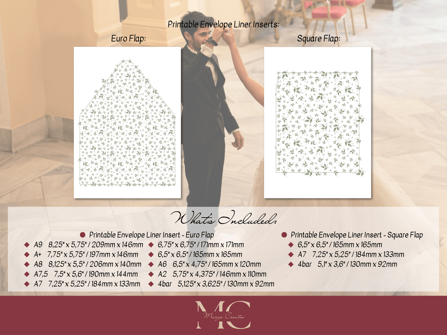 Watercolor Greenery Leaves Wedding Envelope Liner Template, Design 4, Printable Templates