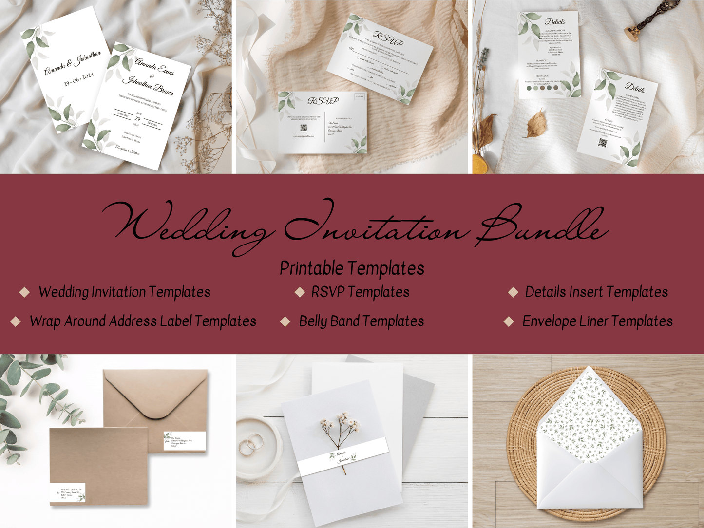 Watercolor Greenery Leaves Wedding Invitation Suite with Envelope Decoration Templates, Envelope Design 4 (WA), Printable Templates