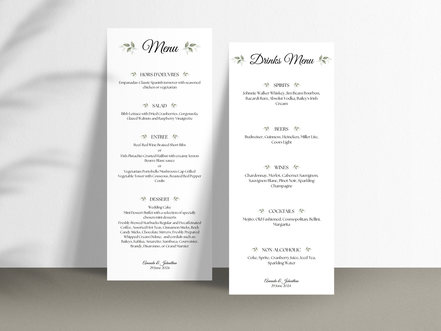 Watercolor Greenery Leaves Wedding Menu & Drinks Menu Templates, Printable Templates