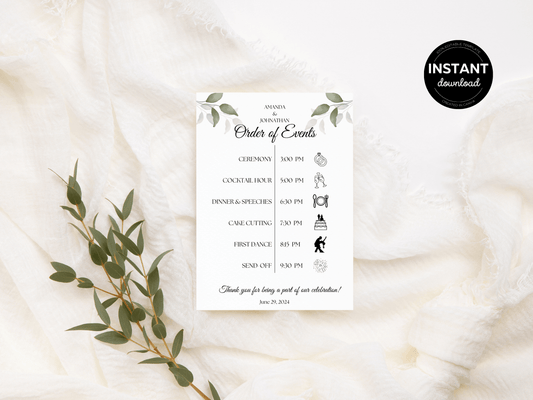 Watercolor Greenery Leaves Wedding Order of Event Templates, Printable Templates