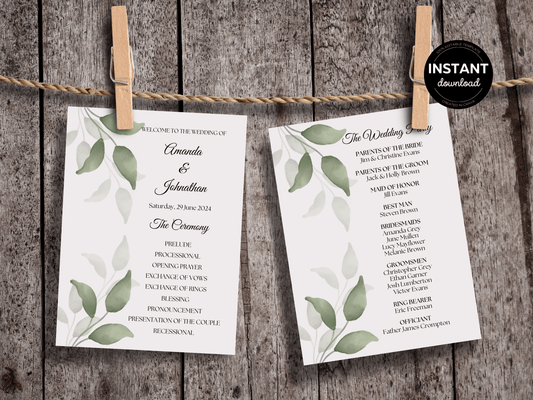 Watercolor Greenery Leaves Wedding Program Templates, Printable Templates