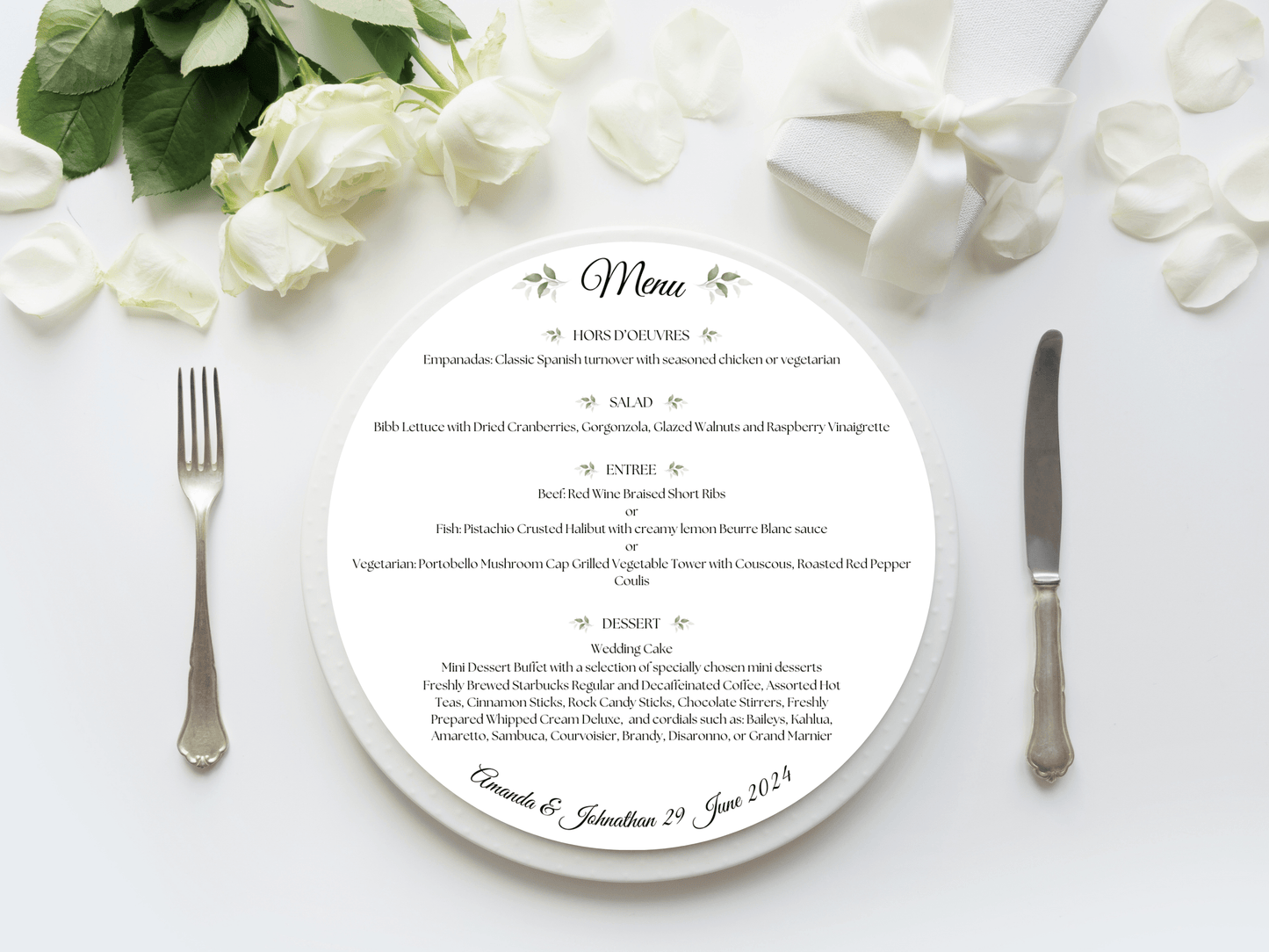 Watercolor Greenery Leaves Round Wedding Menu Template, Printable Templates