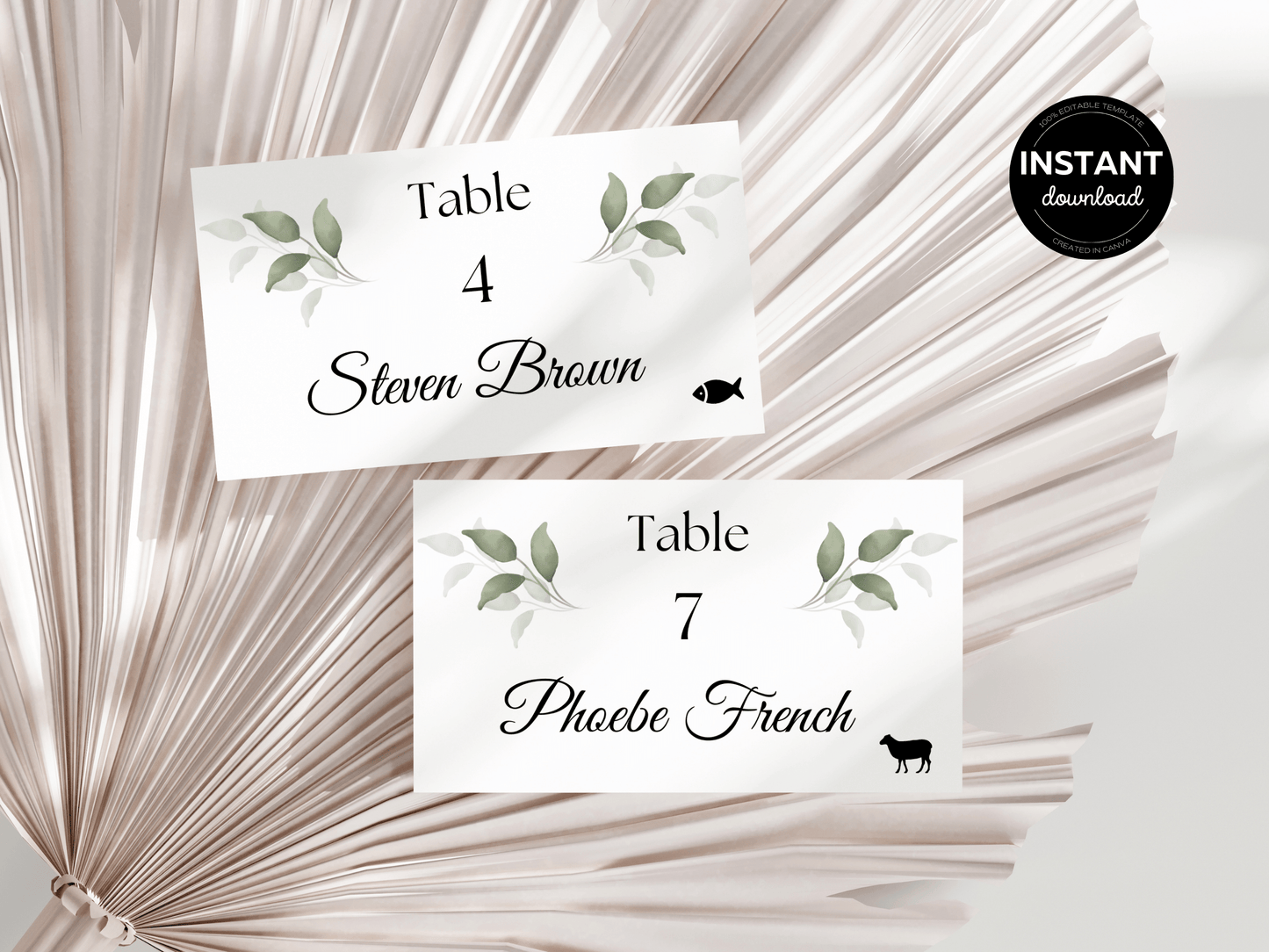 Watercolor Greenery Leaves Wedding Seating Card Templates, Printable Templates