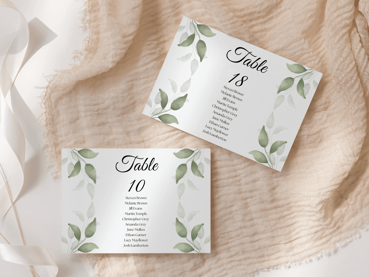 Watercolor Greenery Leaves Wedding Seating Chart Card Templates, Printable Templates