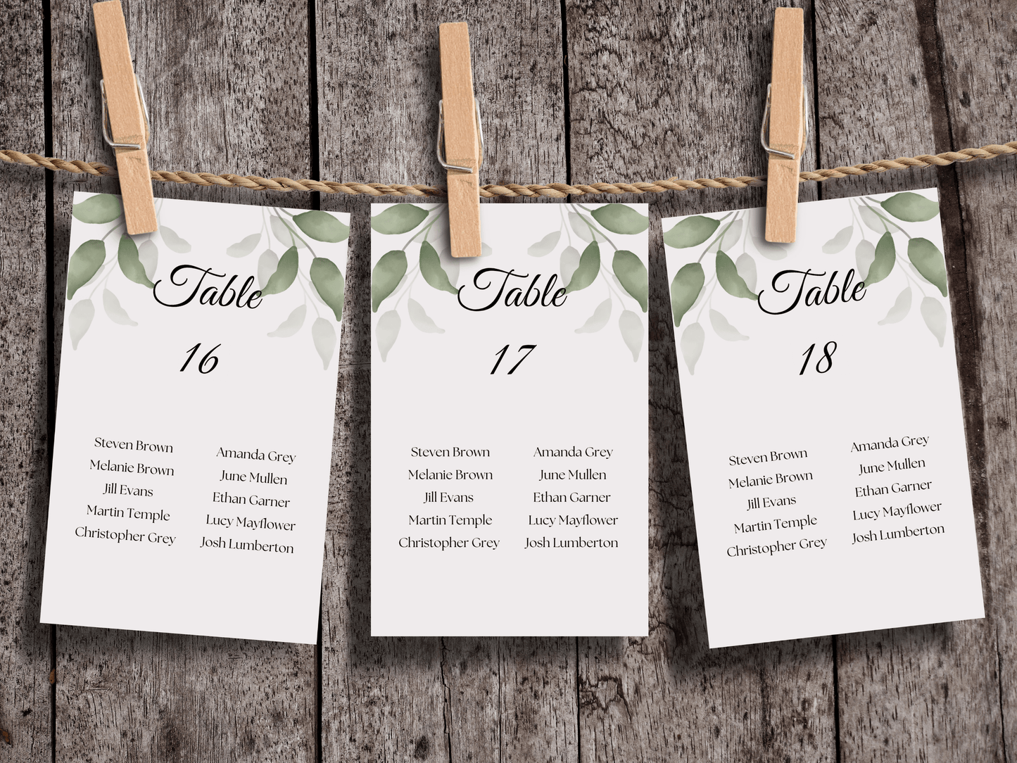 Watercolor Greenery Leaves 7Pc Wedding Reception Bundle with Seating Chart Card, Printable Templates