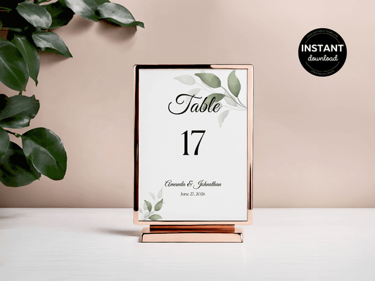 Watercolor Greenery Leaves Wedding Table Number Templates, Printable Templates