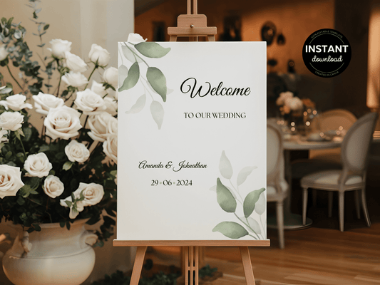 Watercolor Greenery Leaves Wedding Welcome Sign Templates, Printable Templates