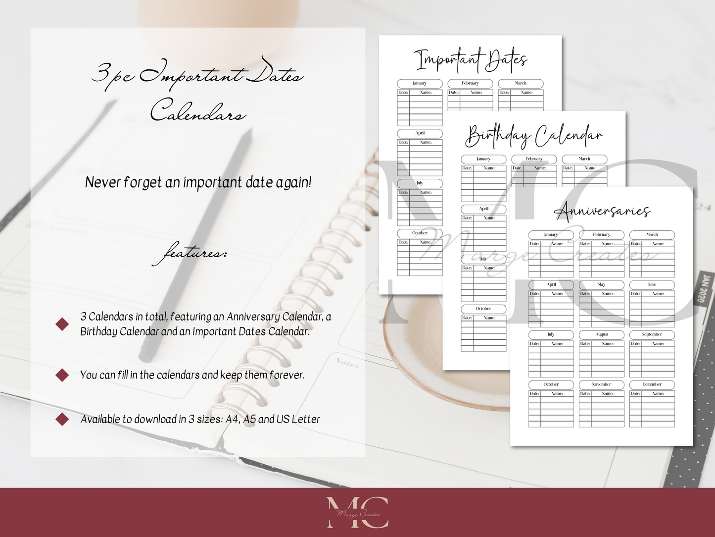 Dates to Remember Bundle: Birthday Calendar, Anniversaries Calendar & Important Dates Calendar