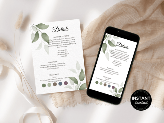 Watercolor Greenery Leaves Wedding Details Insert Templates, Printable & Digital Templates