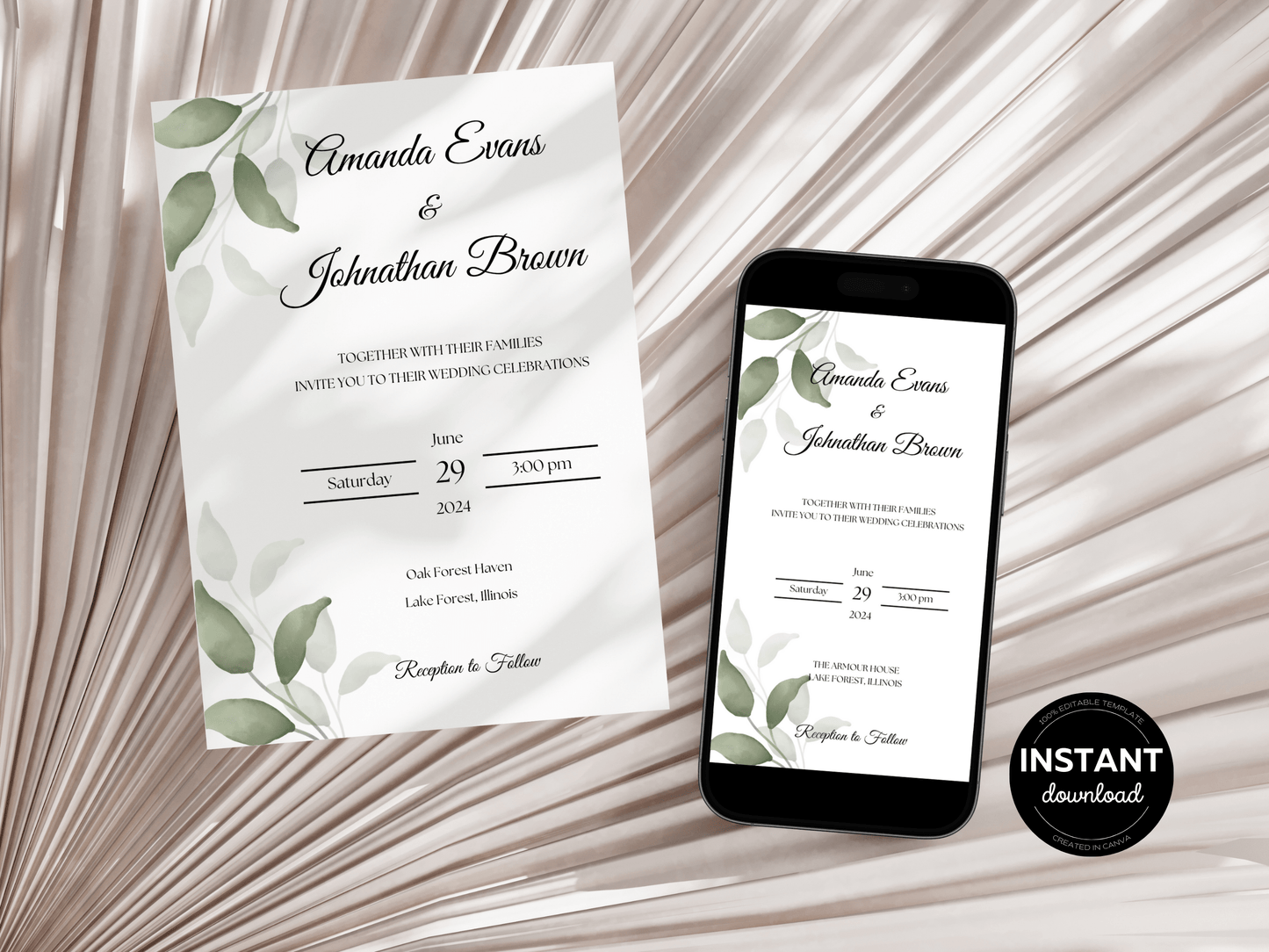 Watercolor Greenery Leaves Wedding Invitation Templates, Printable & Digital Templates