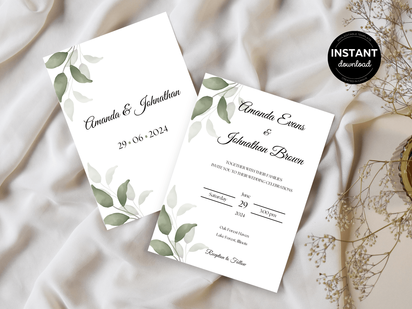 Watercolor Greenery Leaves Wedding Invitation Suite with Envelope Decoration Templates, Envelope Design 1 (WA), Printable Templates