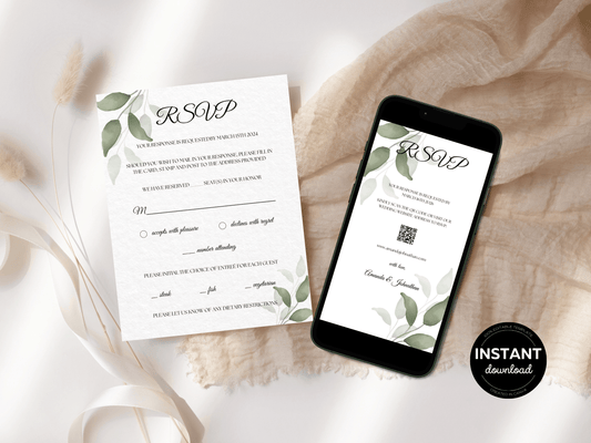 Watercolor Greenery Leaves Wedding RSVP Insert Templates, Printable & Digital Templates