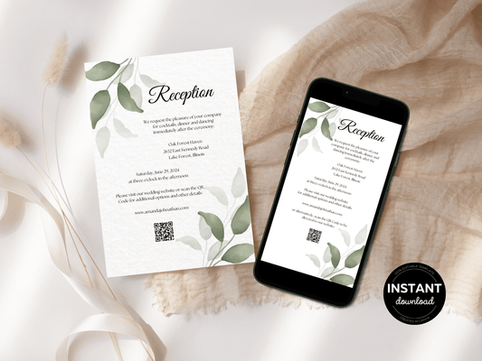 Watercolor Greenery Leaves Wedding Reception Invitation Templates, Printable & Digital Templates