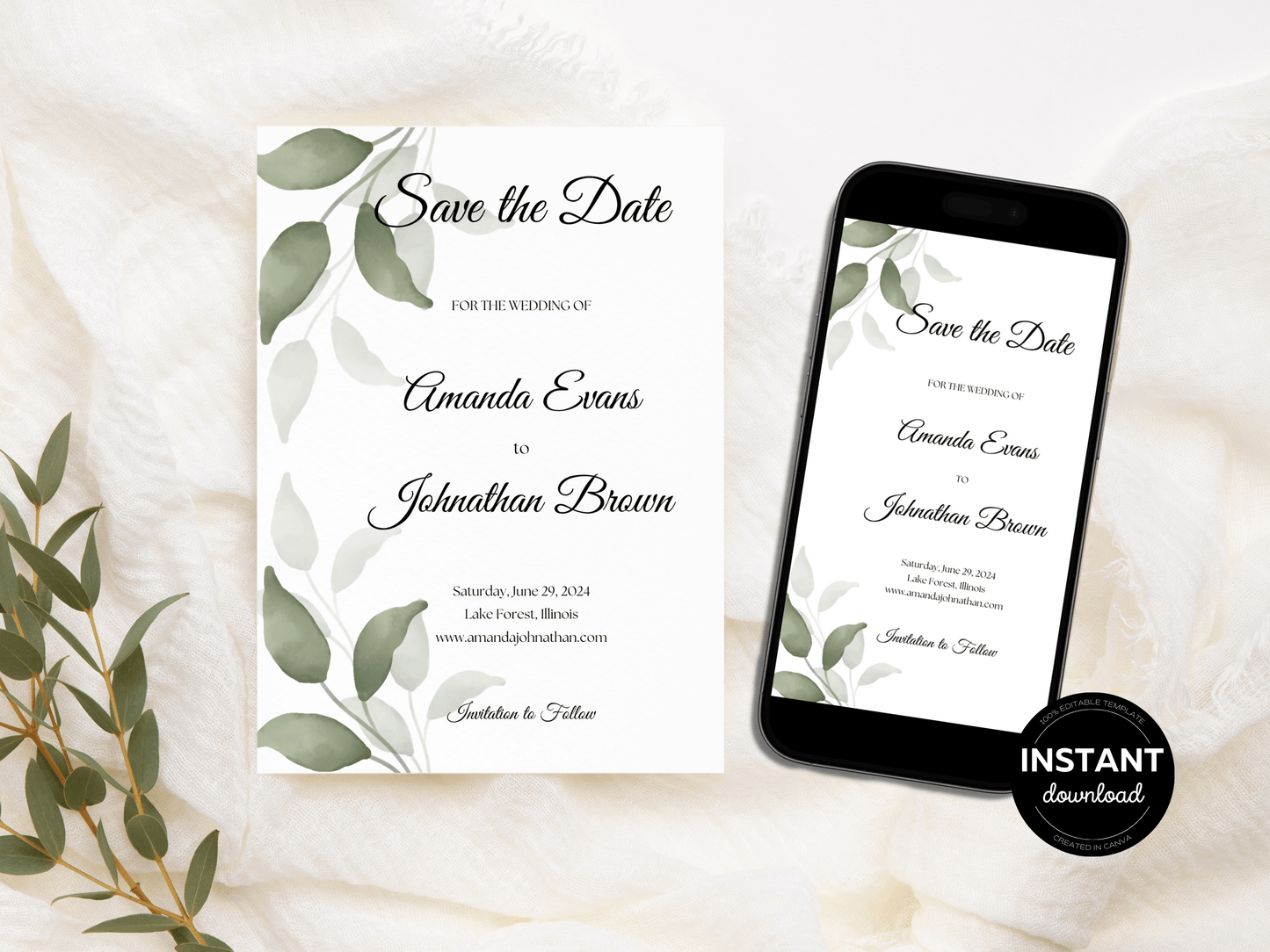 Watercolor Greenery Leaves Save the Date Templates, Printable & Digital Templates