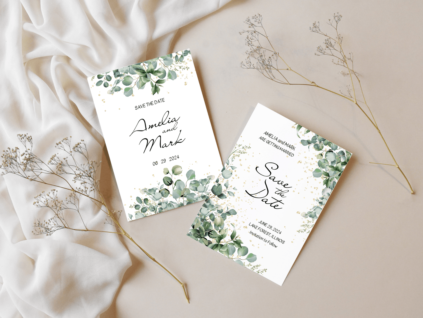 Eucalyptus & Gold Wedding Save the Date Templates, Printable & Digital Templates