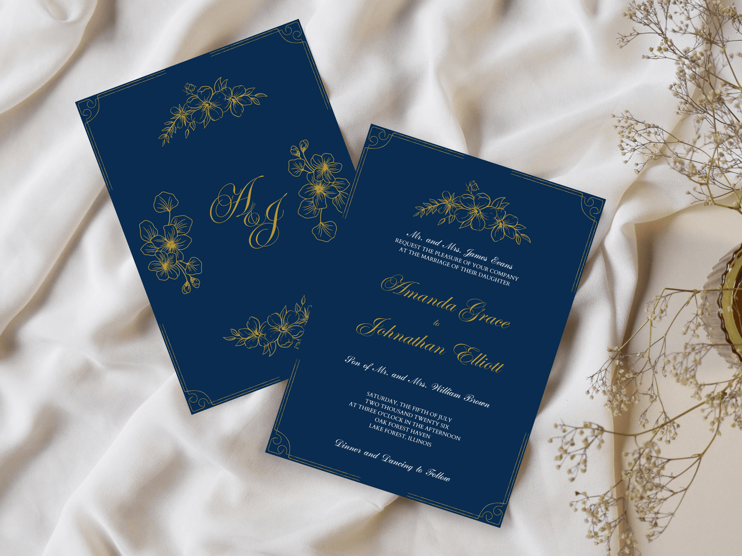 Elegant Blue and Gold Wedding Invitation Template, Printable & Digital Templates