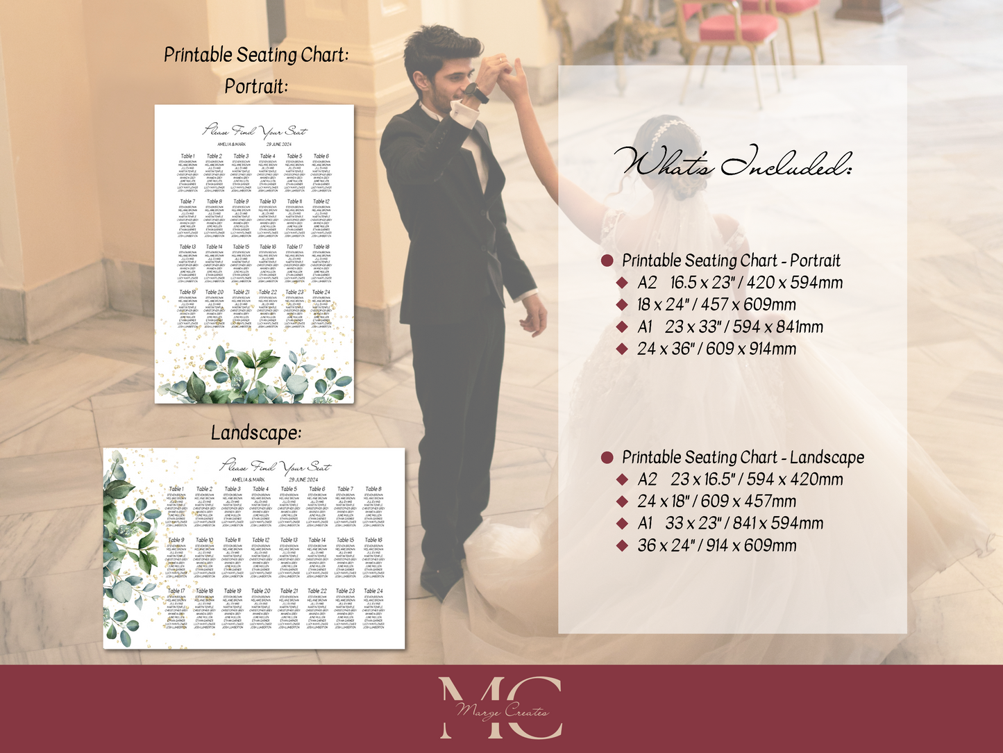 Eucalyptus & Gold Wedding Seating Chart Templates, Printable Templates