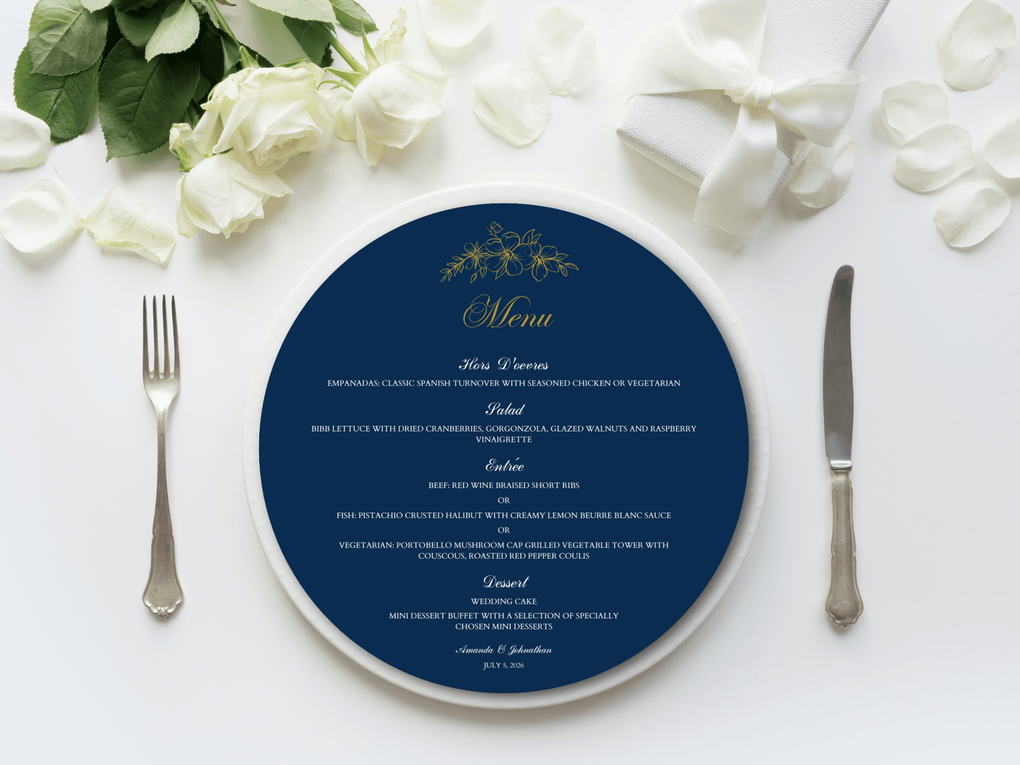 Elegant Blue and Gold Round Wedding Menu Template, Printable Templates