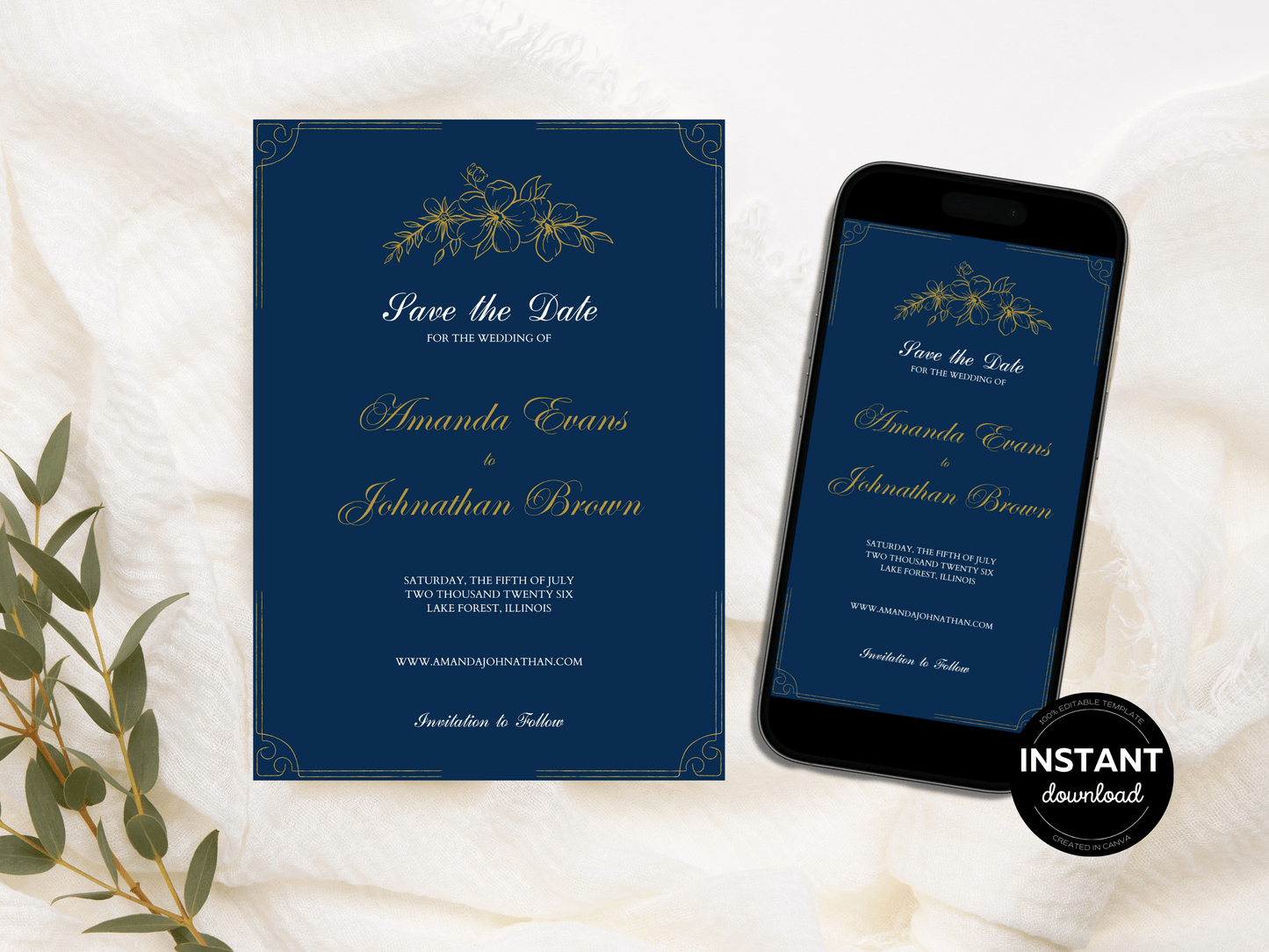 Elegant Blue and Gold Wedding Save the Date Template, Printable & Digital Templates