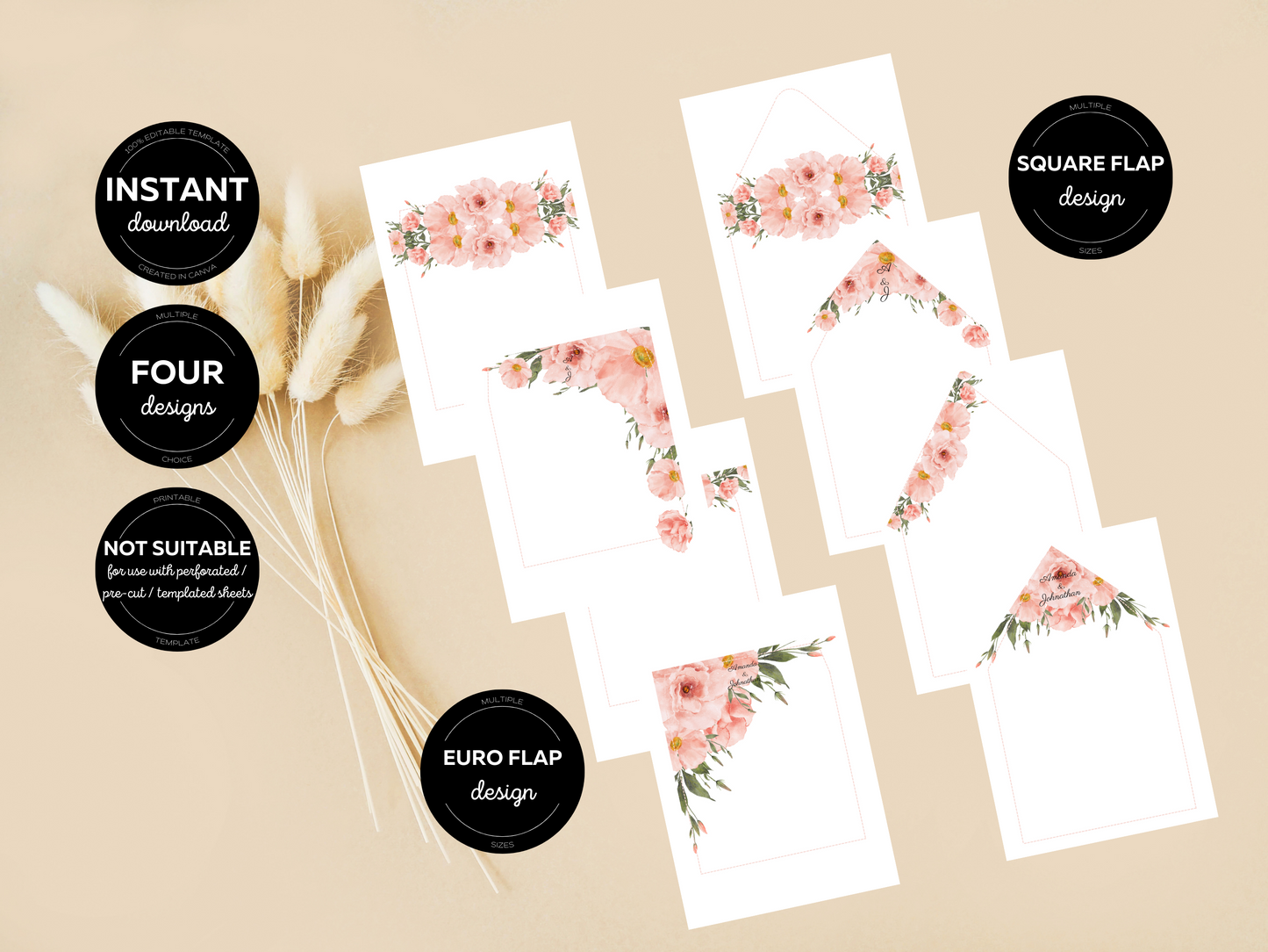 Soft Pink Floral Wedding Invitation Suite with Envelope Decoration Templates, Printable Templates