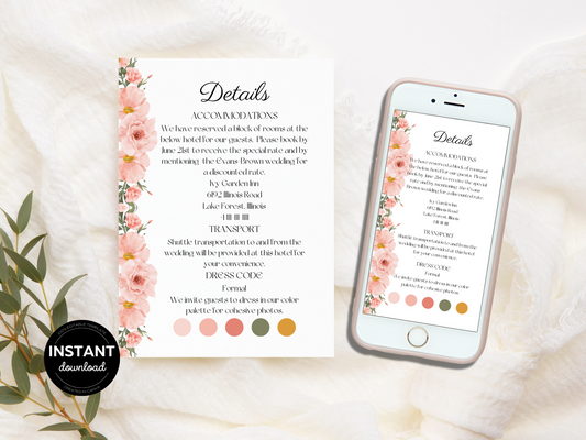 Soft Pink Floral Wedding Details Insert Templates, Printable & Digital Templates