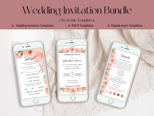 Soft Pink Floral Wedding Evite Template Bundle, Digital Templates