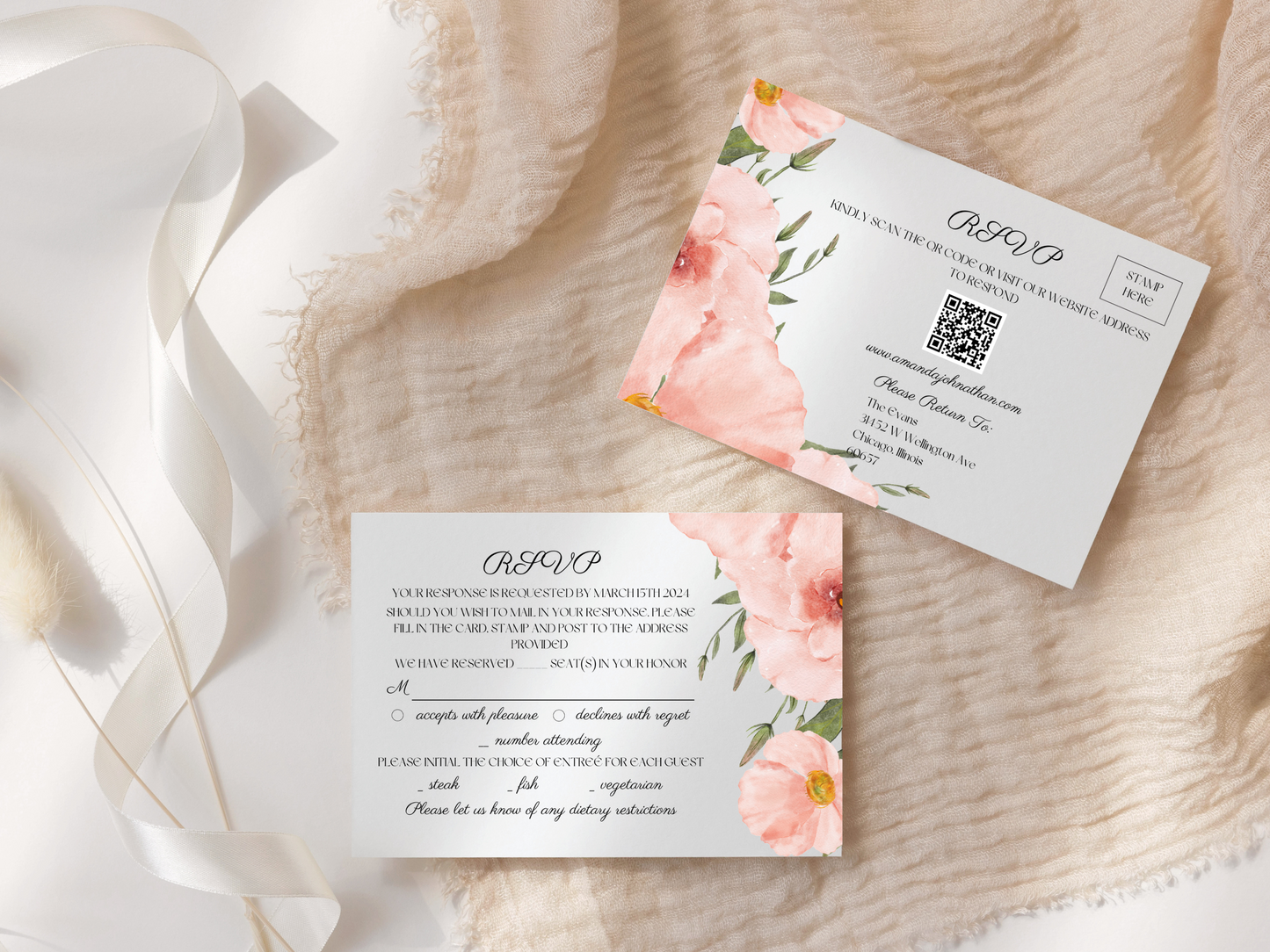 Soft Pink Floral Wedding Invitation Suite with Envelope Decoration Templates, Printable Templates