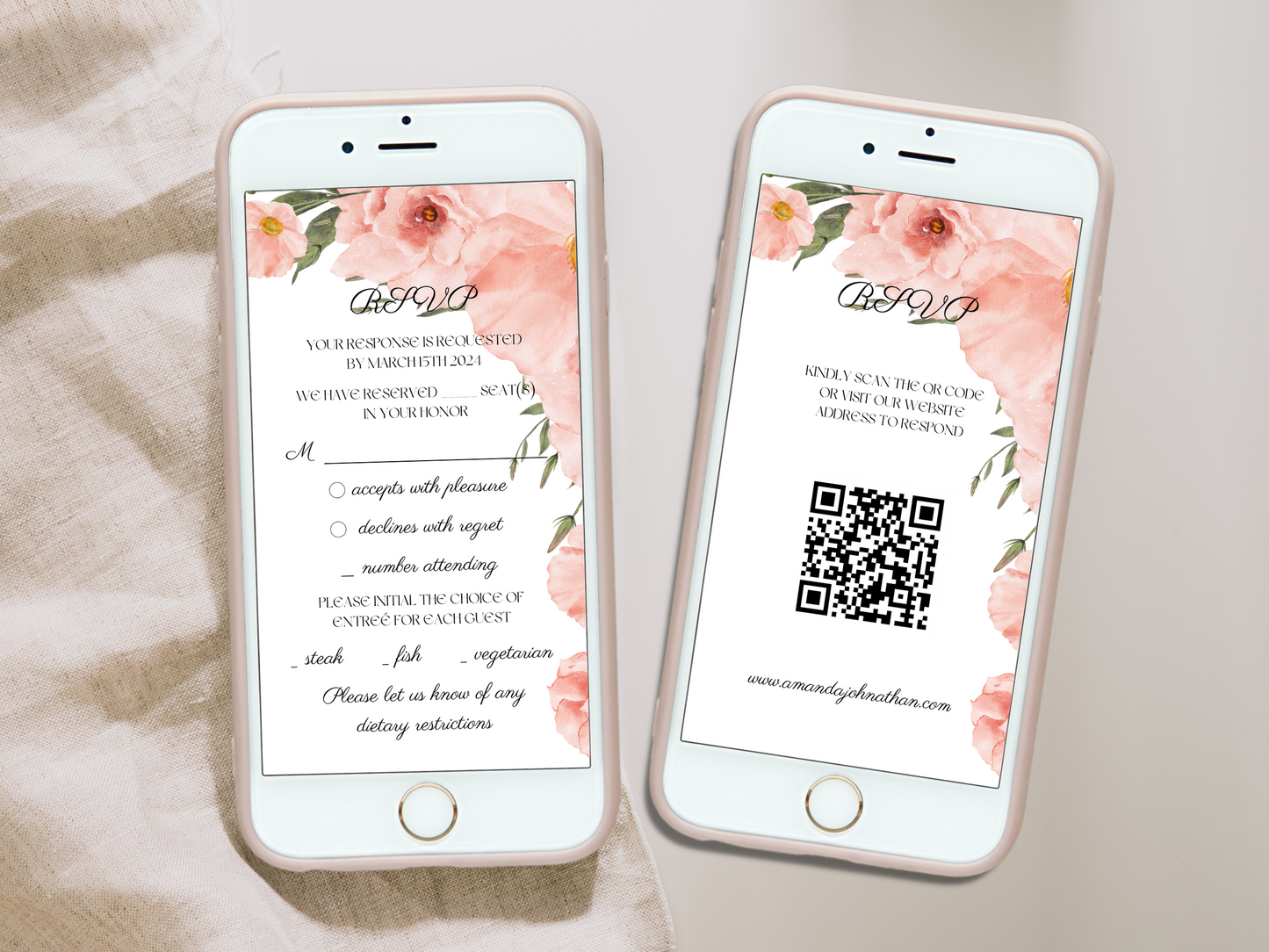 Soft Pink Floral Wedding Evite Template Bundle, Digital Templates
