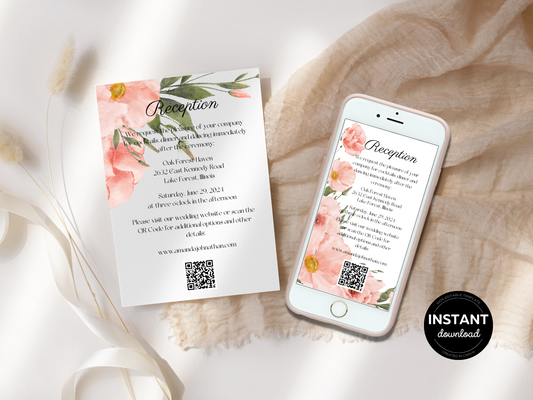 Soft Pink Floral Wedding Reception Invitation Templates, Printable & Digital Templates