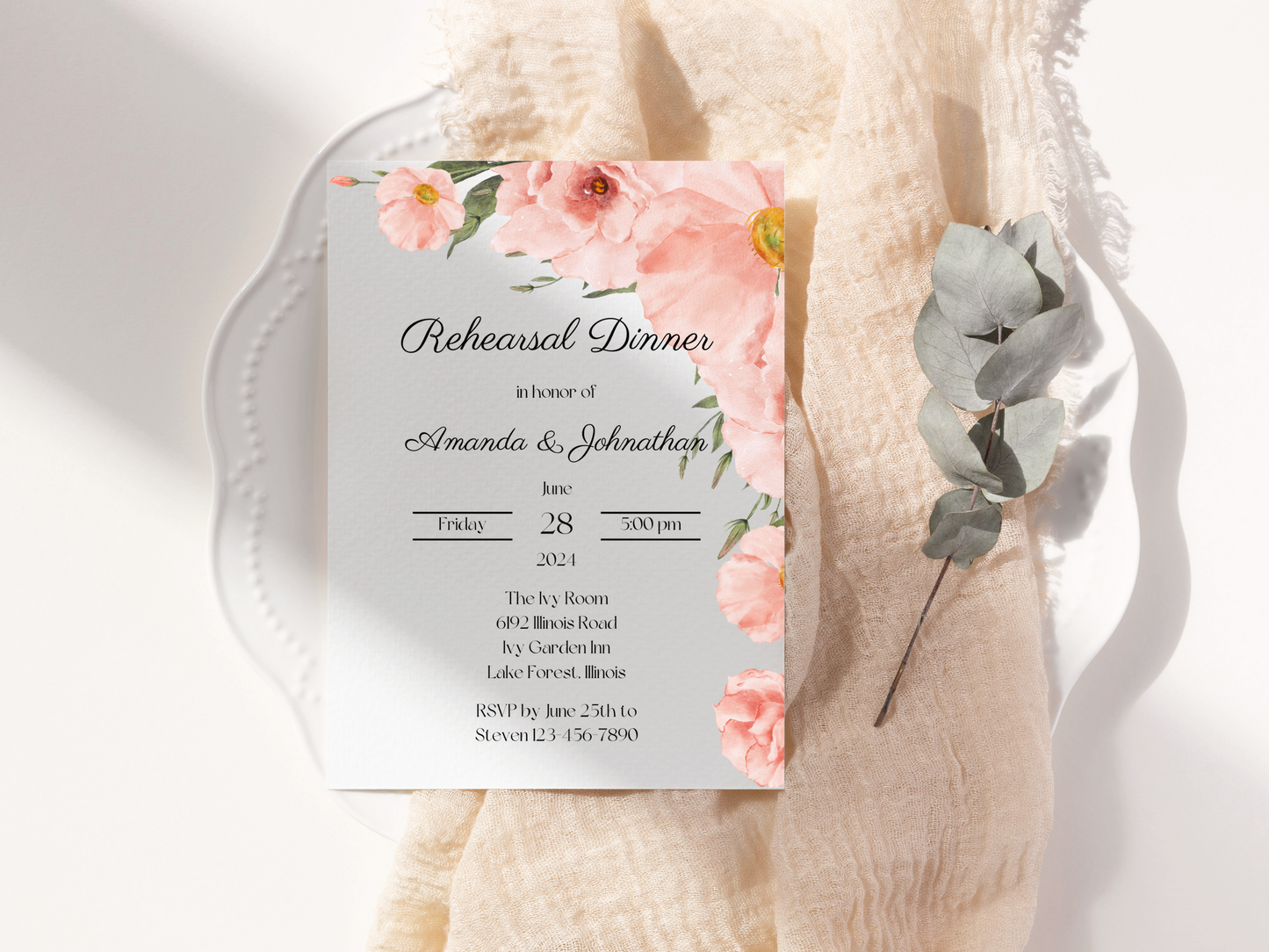 Soft Pink Floral Wedding Rehearsal Dinner Invitation Templates, Printable & Digital Templates
