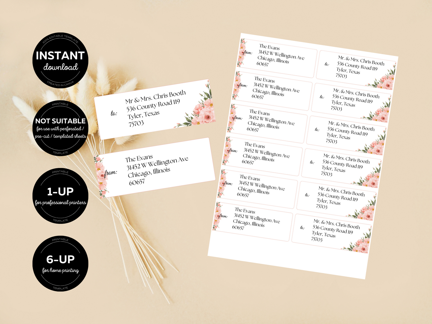 Soft Pink Floral Wedding Envelope Address Label Templates, Printable Templates