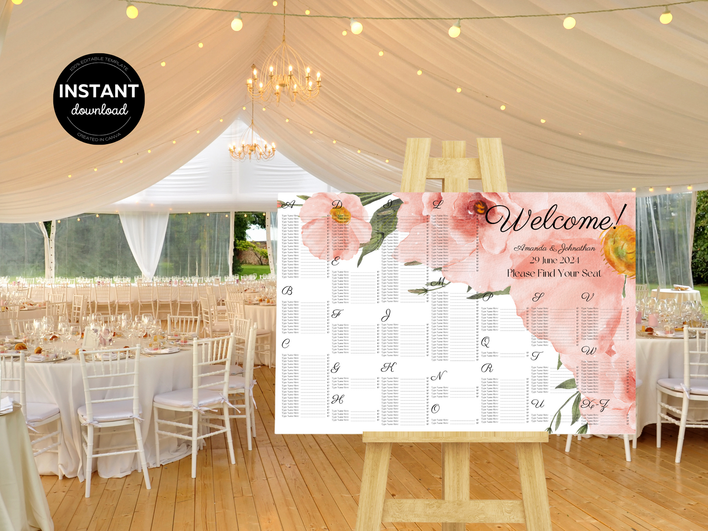 Soft Pink Floral Wedding Alphabetical Seating Chart Templates, Printable Templates