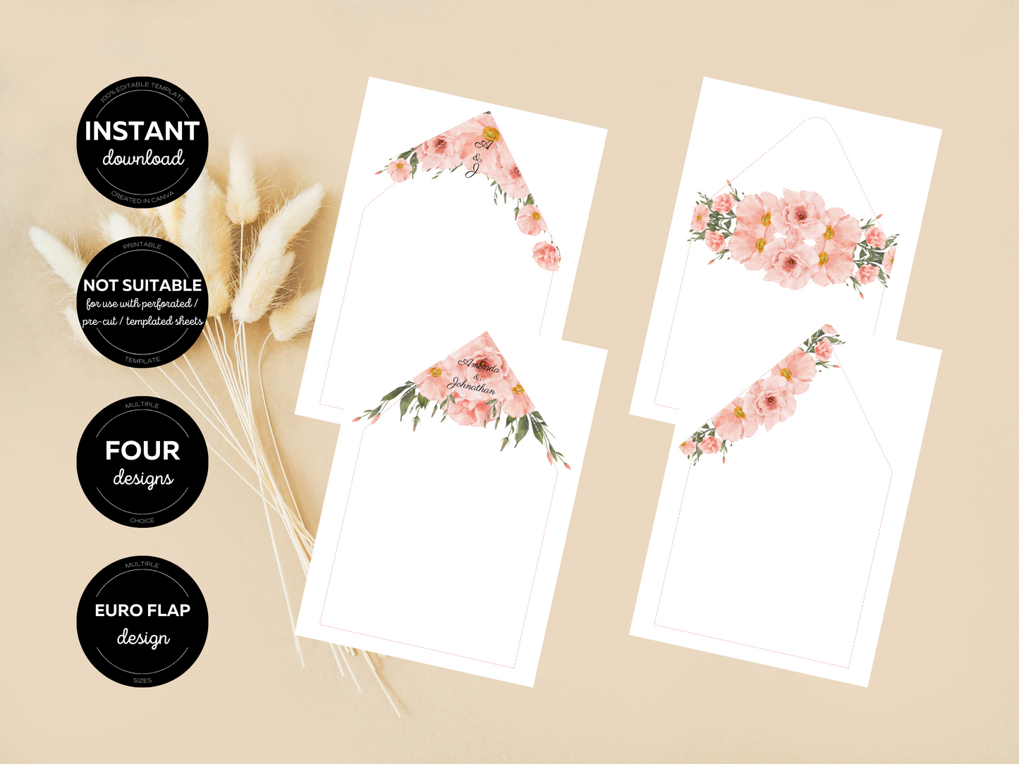 Soft Pink Floral Wedding Envelope Liners Templates, Printable Templates