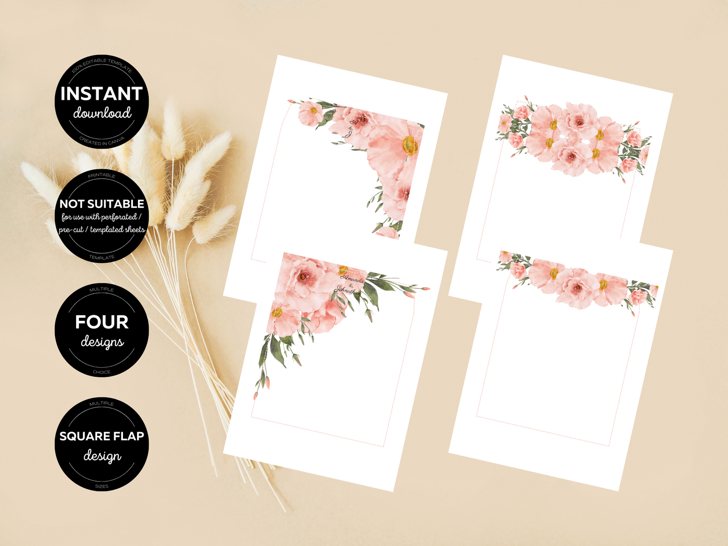 Soft Pink Floral Wedding Envelope Liners Templates, Printable Templates