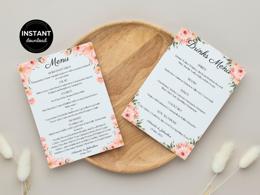 Soft Pink Floral Wedding Menu & Drinks Menu Templates, Printable Templates