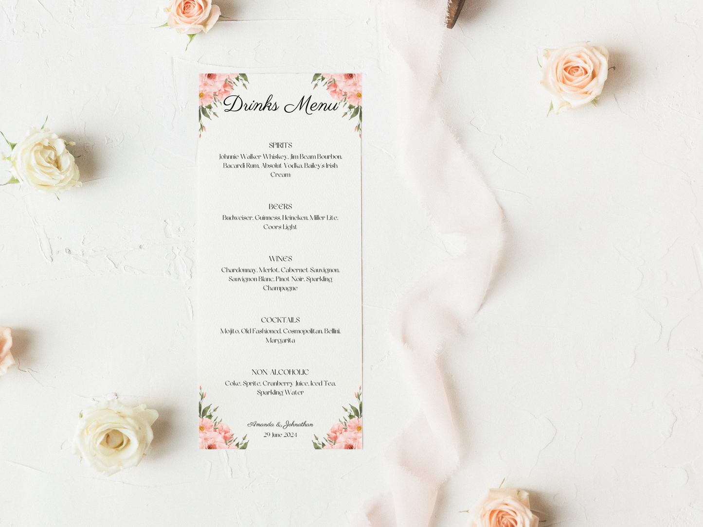 Soft Pink Floral Wedding Menu & Drinks Menu Templates, Printable Templates