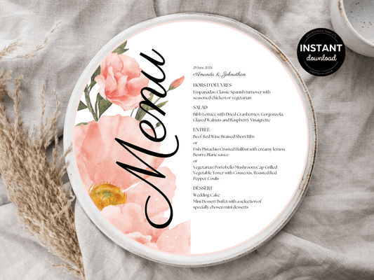 Soft Pink Floral Round Wedding Menu Template, Printable Templates